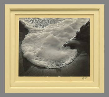 Al Weber (1930 - 2016) Signed 1968 Surf, San Gregorio Beach 3.5"x4.25" Photograph - Early Printing!: An early printed Al Weber gelatin silver photograph Matted with 11"x14" warm tone board Initialed under the image, signed on the back Al Weber was born in Denver Colorado in 1930. He received an A.A.