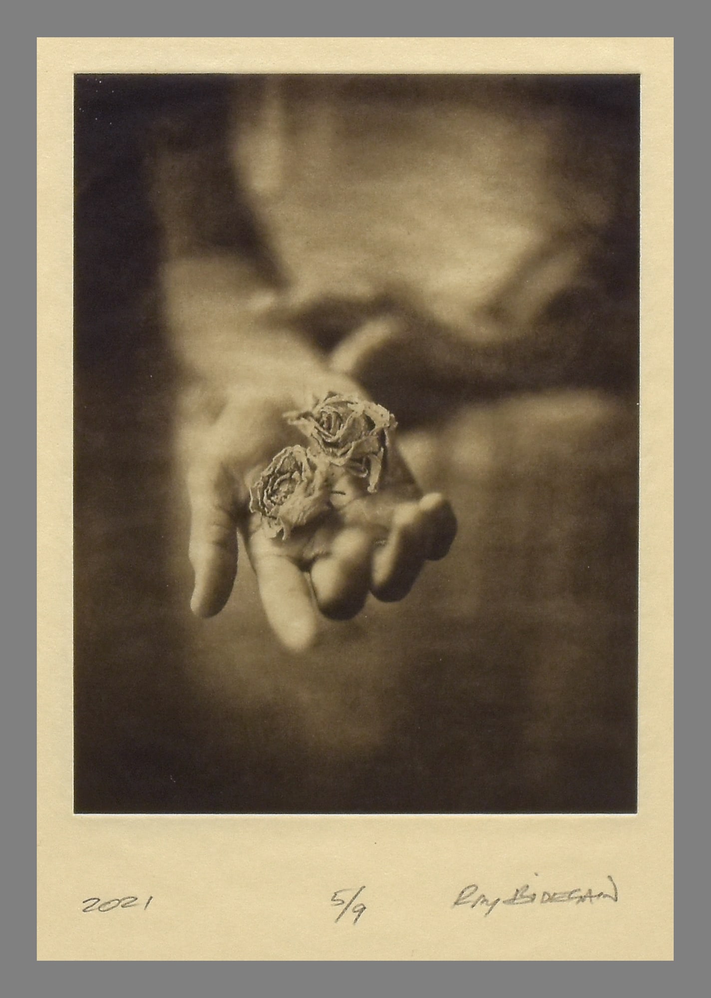 Ray Bidegain (1959 - ) Signed 2021 Rose Buds on Washi 6.5"x5" Photogravure Photograph #5/9: Rose Buds on Washi " is an edition of prints unlike any before it in my Edition 2021 series. I made these prints on a very light and translucent Washi made by Awagami called Okawara Pro. This paper is
