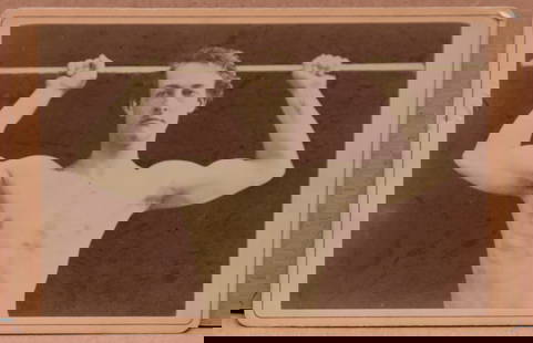 Bradley & Rulofson Cabinet Card – Male Athlete with Exercise Bar – c.1875 – San Francisco, CA: Striking 19th-century cabinet card photograph by the renowned San Francisco studio Bradley & Rulofson, located at 429 Montgomery Street. The image depicts a young athletic man posing shirtless with