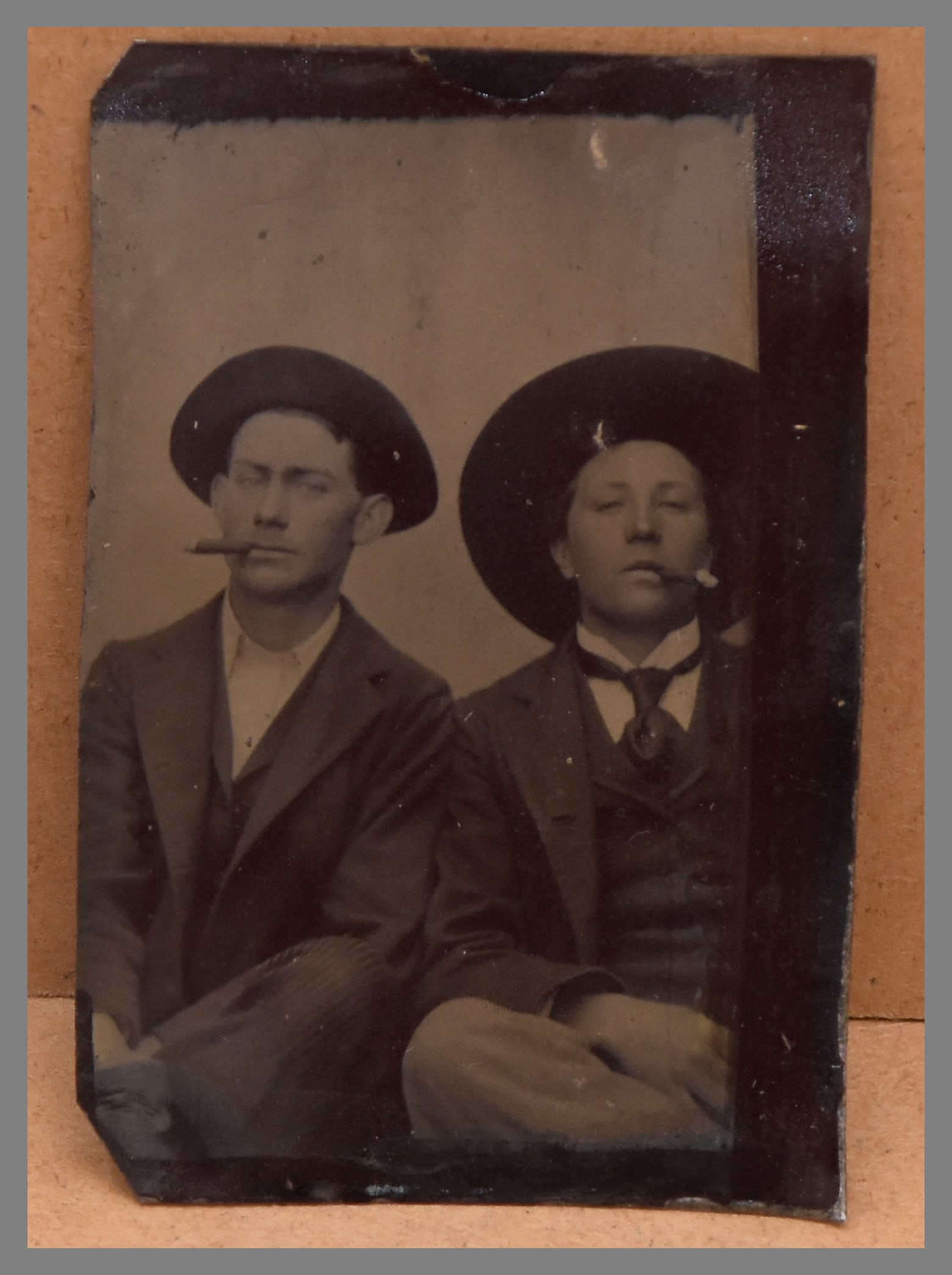 Rare? “Two Young Men with Cigars” Tintype Photograph (c.1880s?), 3.10"×2.10": Last Minute Addition! A fascinating 19th-century tintype depicting two young men confidently posing with cigars — an uncommon and character-rich subject for the era. While I don’t claim to be an e