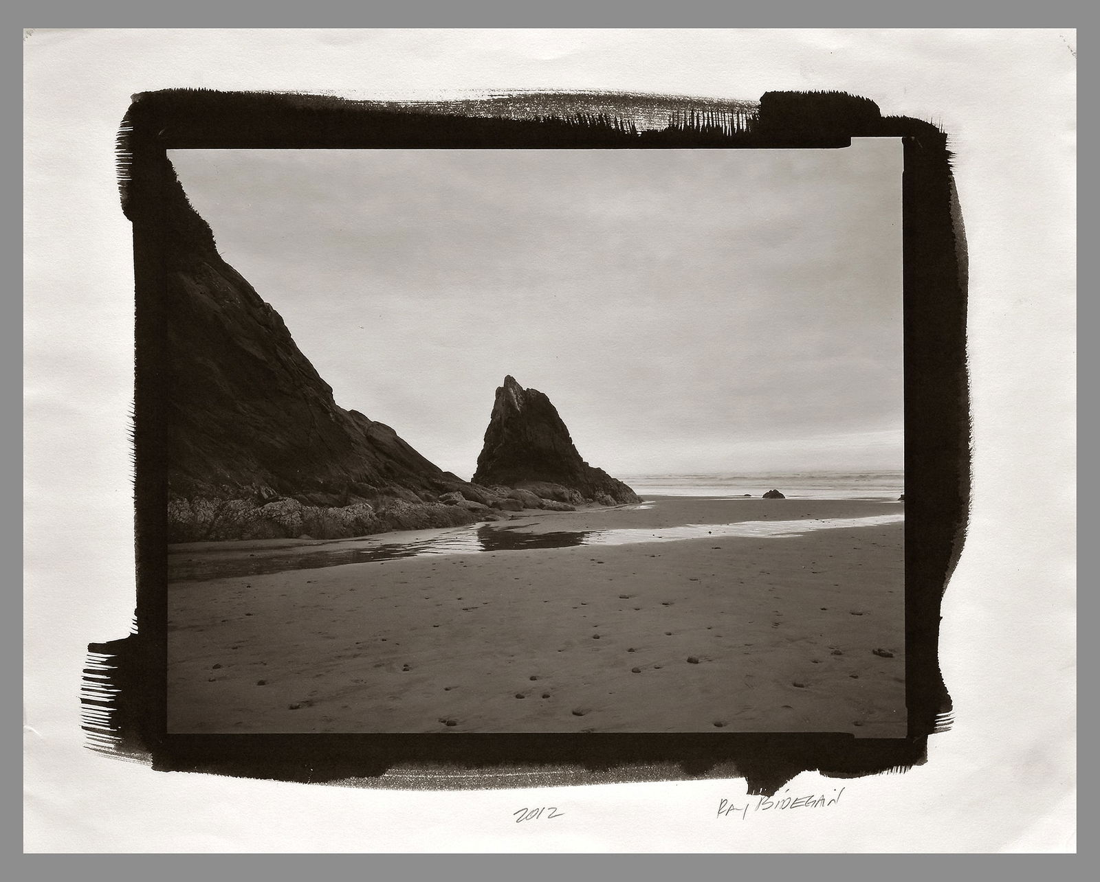 Ray Bidegain (1959 -) Signed 2012 Pointed Rock & Sea - Oregon 7.5"x9.5" Platinum Photograph (1 of 2)