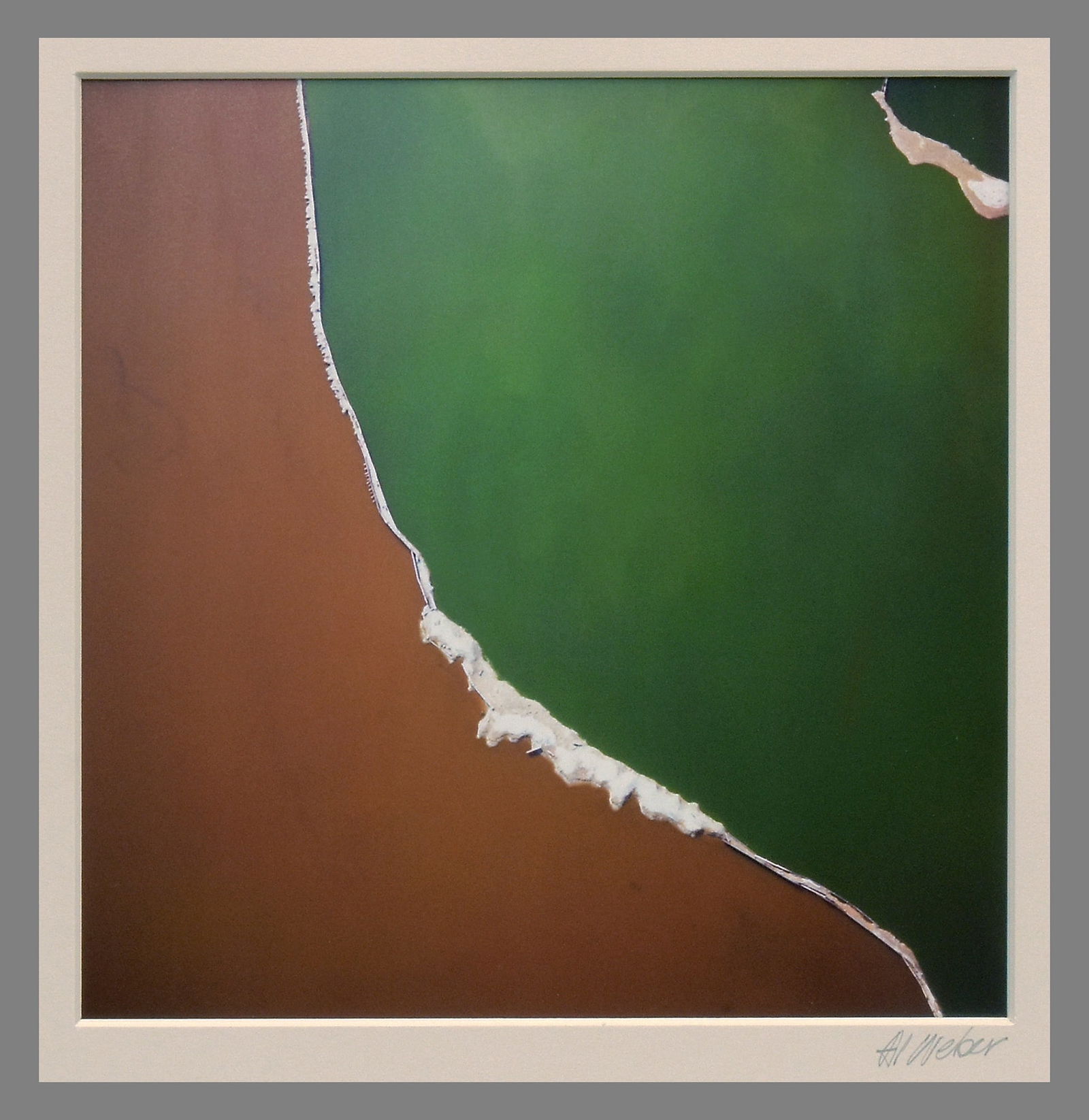 Al Weber (1930-2016) Signed 1969 Red & Green Salt Flats - Moss Landing (Aerial) 8"x8" Photograph: This 1969 aerial photograph of the Moss Landing salt flats is one of Al Weber’s most visually arresting works, blending bold, unexpected color with graphic precision. The striking red and green form