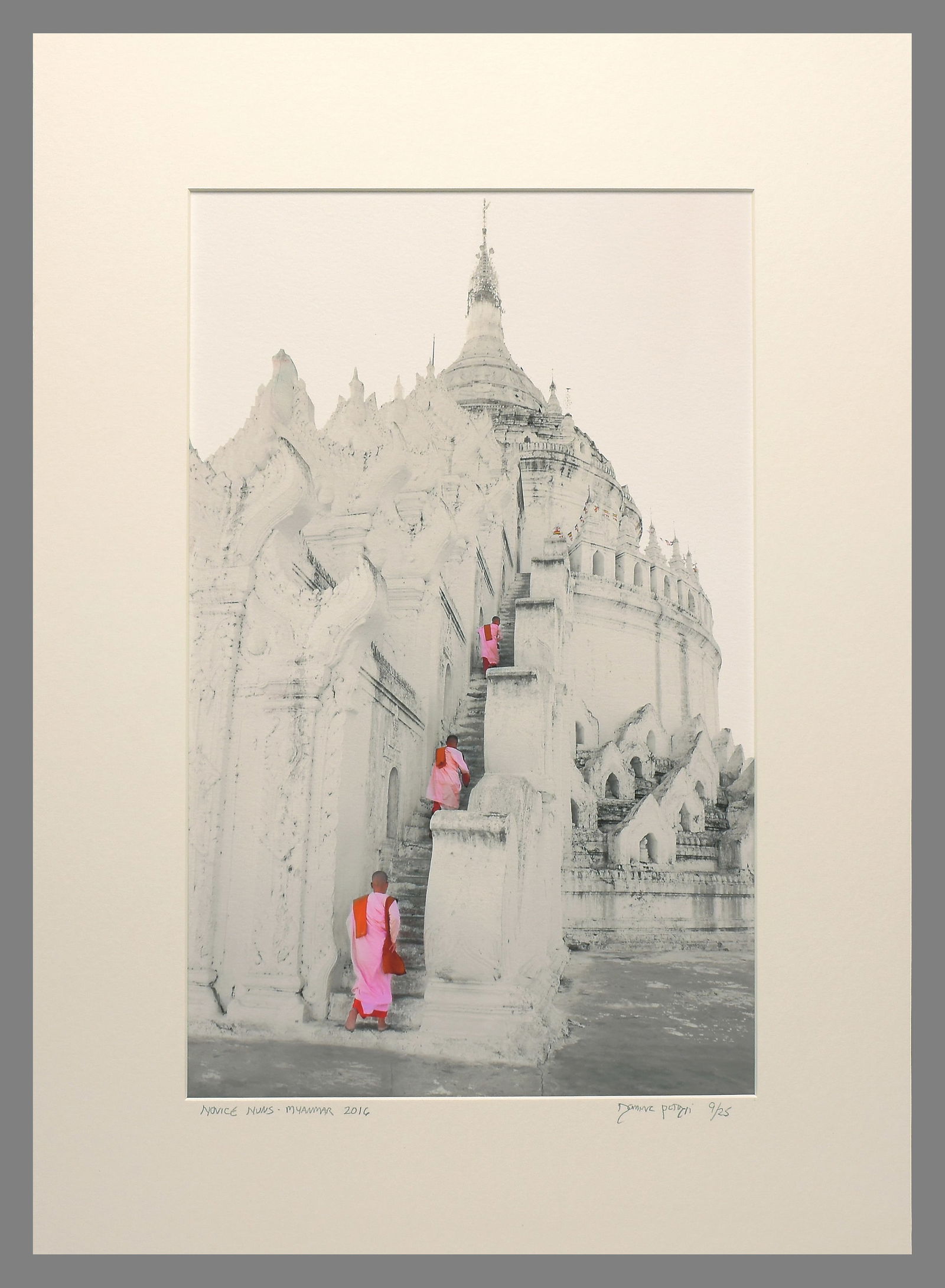 Dominic Petruzzi Signed 2016 Novice Nuns - Myanmar (Burma) 14"x9" Photograph #9/25: Archival Pigment Photograph Signed and titled under image on the mat Matted with 16"x16" museum board. Dominic Petruzzi is a Los Angeles–based photographer known for his cinematic style, refined sen