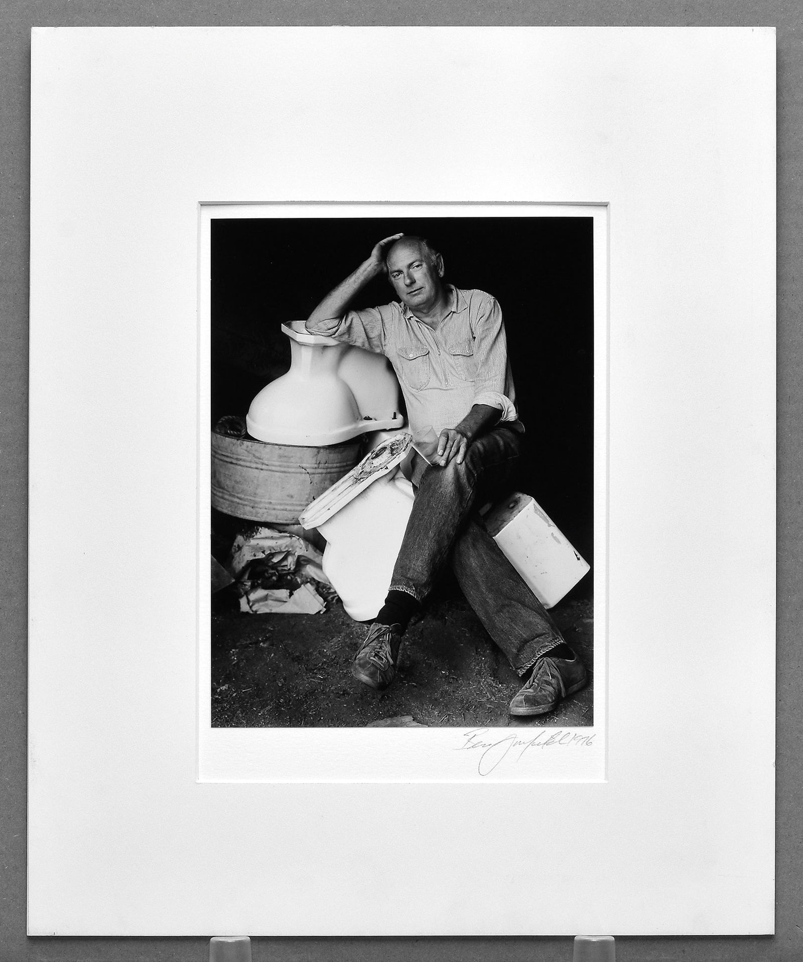 Ben Garfinkle Signed 1976 Al Weber on the Throne 9.5"x7" Photograph: A compelling 1976 gelatin silver portrait of photographer Al Weber, titled Al Weber on the Throne, captured by his longtime student and colleague Ben Garfinkle. Printed in the traditional darkroom, th