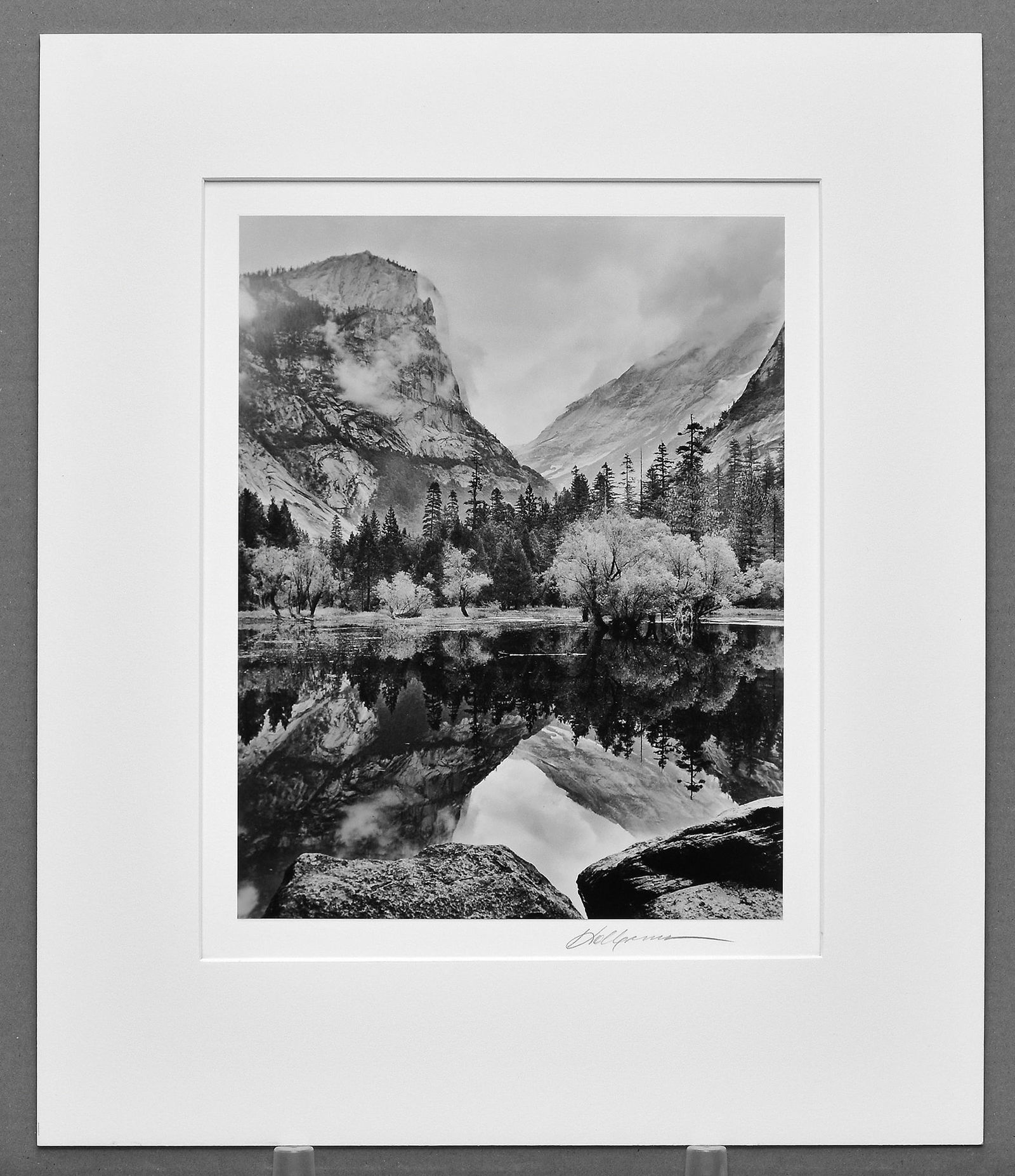 Bob Kolbrener (1942-) Signed 1968 Mirror Lake - Yosemite 13"x10.25" Special Edition Photograph: A beautiful Yosemite study by Bob Kolbrener, whose photographic journey was shaped directly under the influence of Ansel Adams in Yosemite Valley. Mirror Lake, Yosemite captures the quiet grandeur and