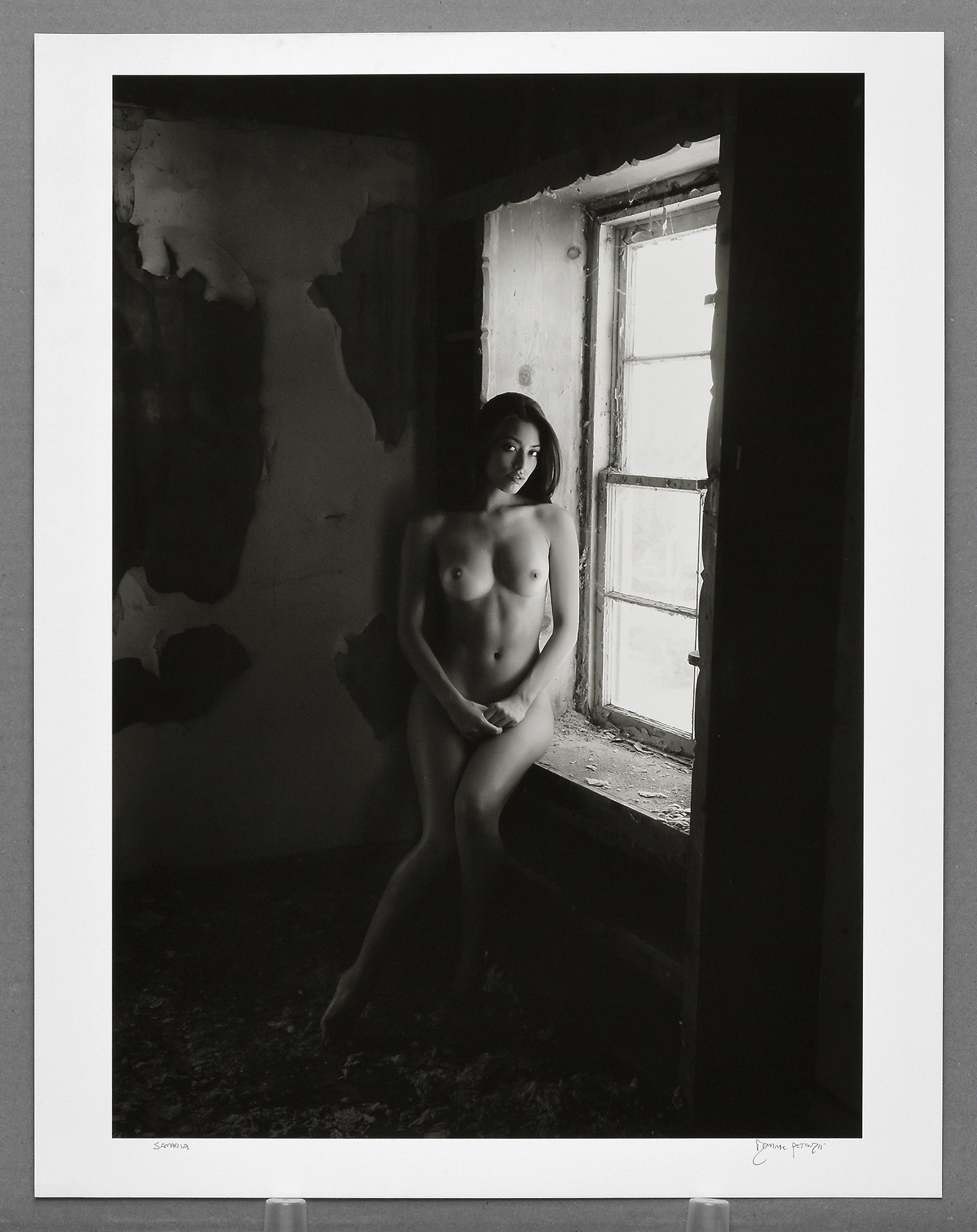 Dominic Petruzzi Figure Study of Samaria Photograph 20"x14" - Stunning Model!: A striking contemporary figure study by Dominic Petruzzi, featuring model Samaria Regalado in a beautifully composed architectural setting. This evocative image captures Regalado seated in an abandone