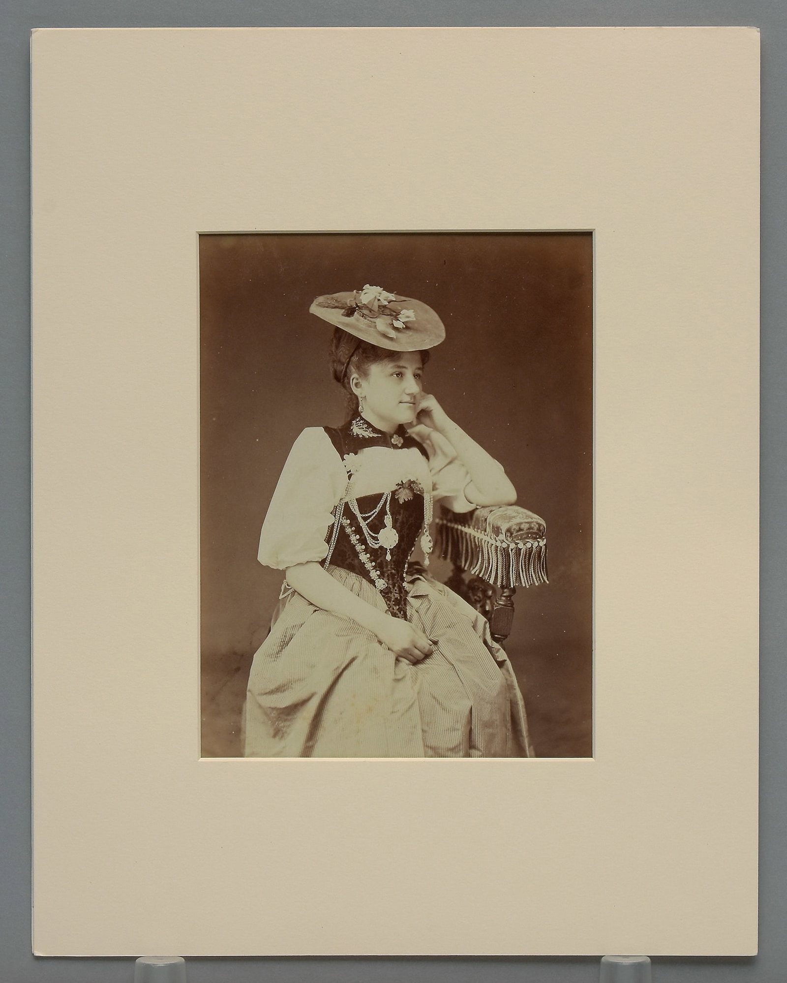 Victorian Woman in Festive Costume, C1870s Albumen Photograph 8"x6" - Kean Wilcox Collection: A charming and visually distinctive 1870s albumen portrait photograph, depicting a woman in an elaborate festive outfit—now re-offered at an exceptionally low opening bid. This beautifully preserved