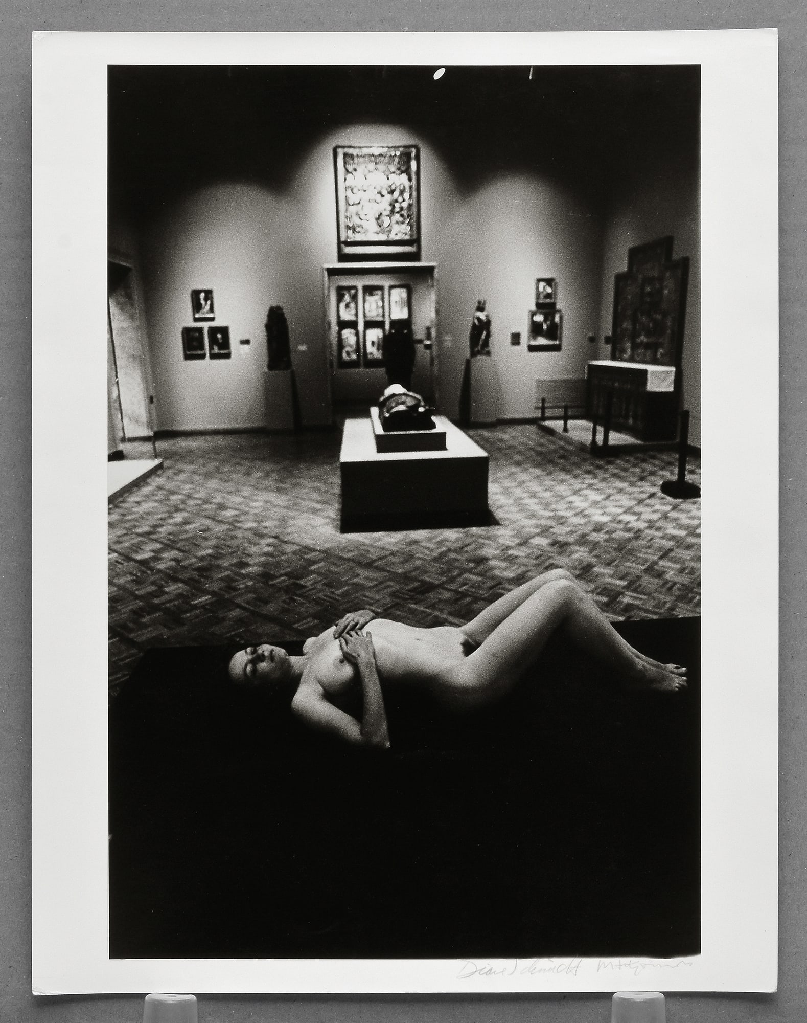 Diane Schmidt - Museum, Chicago 13"x8.5" Photograph - Signed by both Schmidt & Fitzsimmons (Model): Rare vintage gelatin silver photograph from Diane Schmidt’s celebrated The Chicago Exhibition series (1979–1984), exploring the relationship between the human form and the urban landscape through 