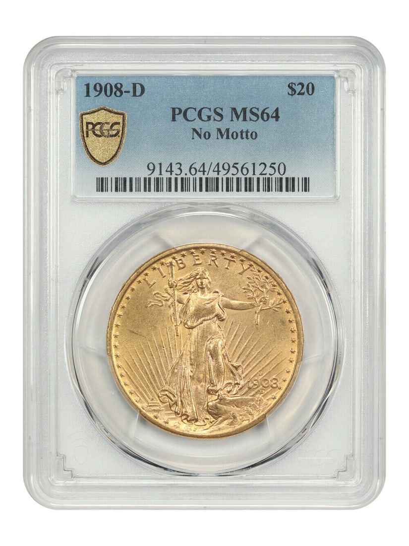1908-D $20 No Motto PCGS MS64 - St. Gaudens $20 - Better Date: 1908-D $20 No Motto PCGS MS64 - St. Gaudens $20 - Better Date Certification: PCGS Certification Number: 49561250 Circulated/Uncirculated: Uncirculated Denomination: $20 Year: 1908 Grade: 64 Strike Typ