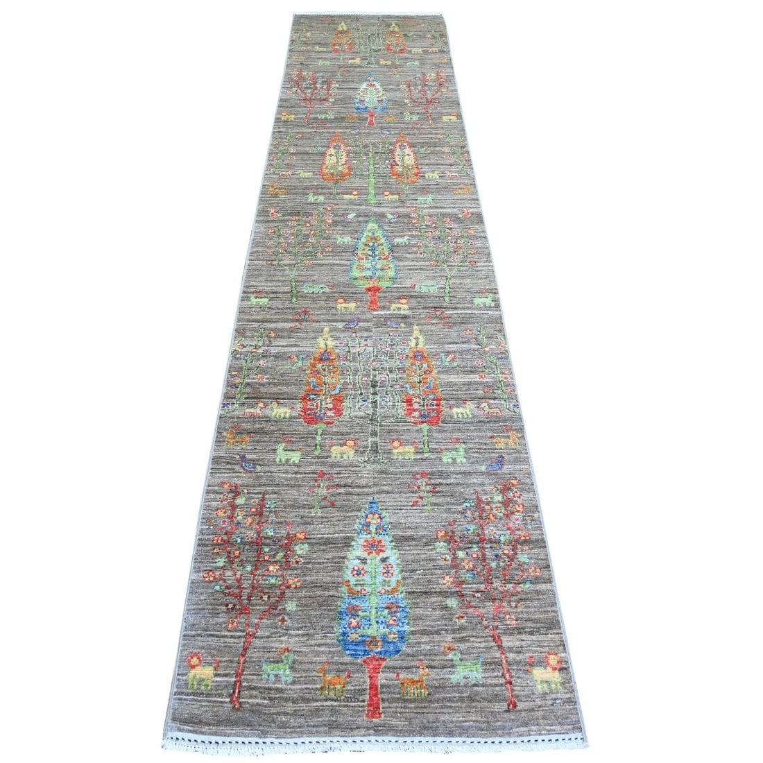 2'5"x11'2" Gray Wool Hand Knotted Folk Art Willow Cypress Tree Runner Rug R74852: 2'5"x11'2" Gray Wool Hand Knotted Folk Art Willow Cypress Tree Runner Rug R74852 Style: Oriental Type: Indoor Material: Wool Color: Grey Item Length: 134 Item Width: 29 Rug Type: Hand Knotted Pile: Wo