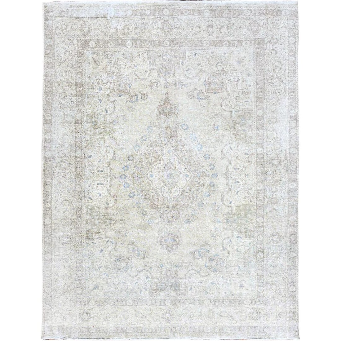 8'1"x10'10" Ivory Vintage White Wash Tebraz Hand Knotted 100% Wool Rug R86115: 8'1"x10'10" Ivory Vintage White Wash Tebraz Hand Knotted 100% Wool Rug R86115 Style: Zoroastrian Type: Indoor Material: Wool Color: Ivory Item Length: 130 Item Width: 97 Rug Type: Hand Knotted Pile: W