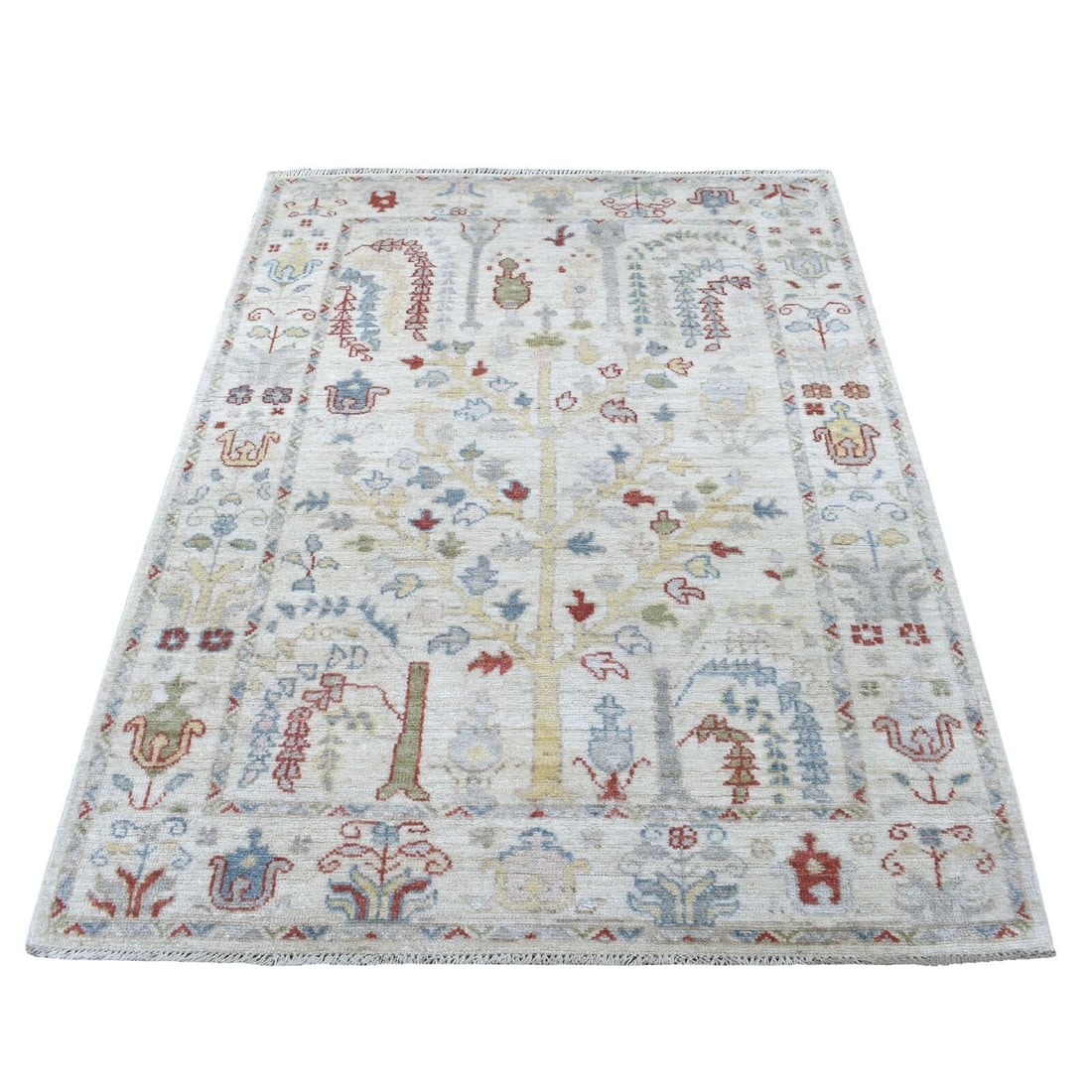 4'2"x6" Hand Knotted Ivory Angora Oushak With Willow Tree Wool Rug R67076: 4'2"x6" Hand Knotted Ivory Angora Oushak With Willow Tree Wool Rug R67076 Style: Afghan Type: Indoor Material: Wool Color: Ivory Item Length: 72 Item Width: 50 Rug Type: Hand Knotted Pile: Wool Shape:
