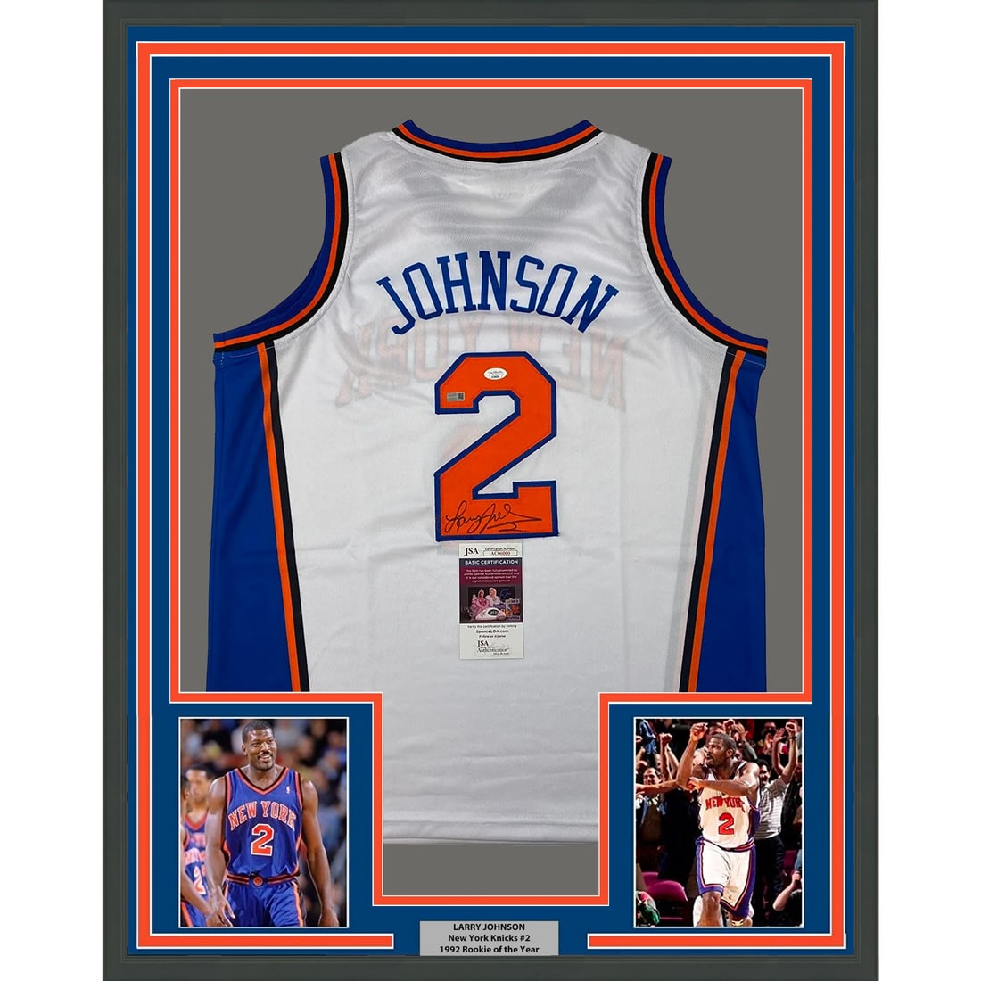 Framed Autographed/Signed Larry Johnson 33x42 New York White Jersey JSA COA: Framed Autographed/Signed Larry Johnson 33x42 New York White Jersey JSA COA Athlete: Larry Johnson Authenticity Provided By: James Spence Authentication (JSA) Autograph Authentication: James Spence Au