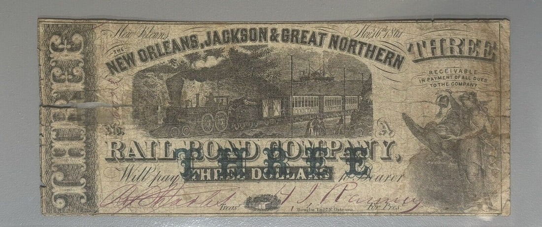 NEW ORLEANS  JACKSON & GREAT NORTHERN  RAIL ROAD COMPANY $3 OBSOLETE BANK NOTE (1 of 1)