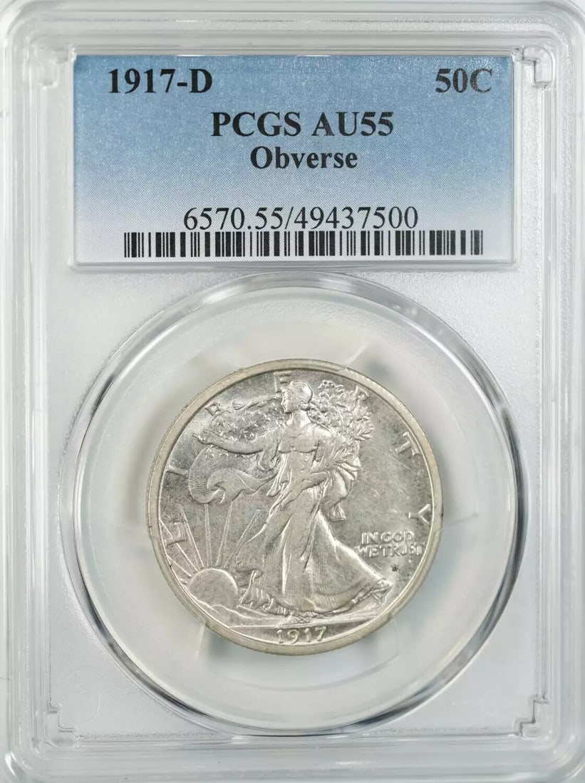 1917 D WALKING LIBERTY HALF DOLLAR 50C OBVERSE PCGS AU 55 ABOUT UNC (500) (1 of 3)