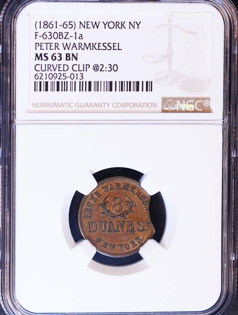 (1861-65) Token NEW YORK NY F-630BZ-1a PETER WARMKESSEL NGC 63BN Curved clip (1 of 1)