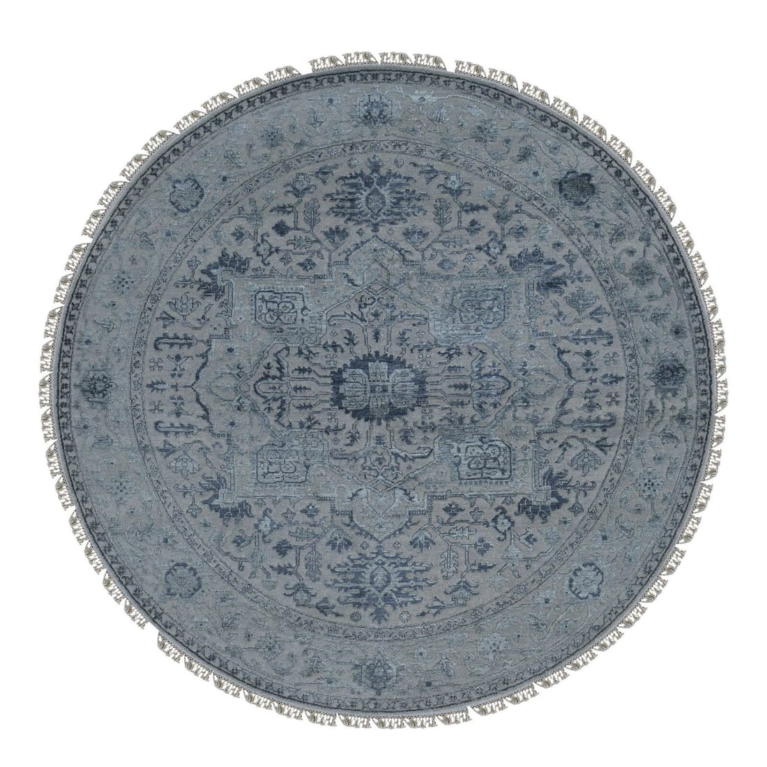 8'1"x8'1" Gray Heris Design Wool and Silk Hand Knotted Round Rug R87366: 8'1"x8'1" Gray Heris Design Wool and Silk Hand Knotted Round Rug R87366 Type: Indoor Material: 100% Wool Color: Grey Item Length: 97 Item Width: 97 SEUYCO is committed to providing accurate and detail