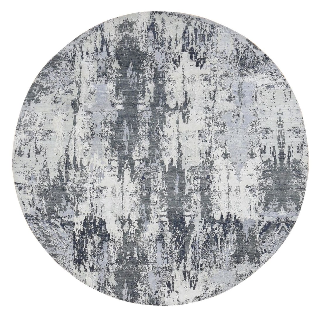 8'1"x8'1" Gray Abstract Design Wool and Pure Silk: 8'1"x8'1" Gray Abstract Design Wool and Pure Silk Hand Knotted Round Rug R87743 Style: Abstract Design Type: Indoor Material: Wool Color: Grey Item Length: 97 Item Width: 97 Rug Type: Hand Knotted Pil