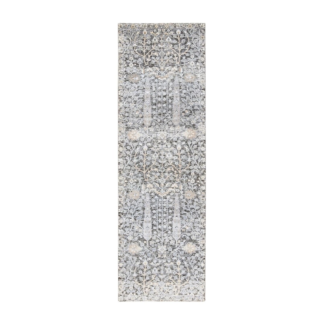 2'7"x8'3" Silver Silk/Wool Hand Knotted Willow: 2'7"x8'3" Silver Silk/Wool Hand Knotted Willow and Cypress Runner Rug R64421 Style: Oriental Type: Indoor Material: Silk Color: Black Item Length: 99 Item Width: 31 Rug Type: Hand Knotted Pile: Wool &