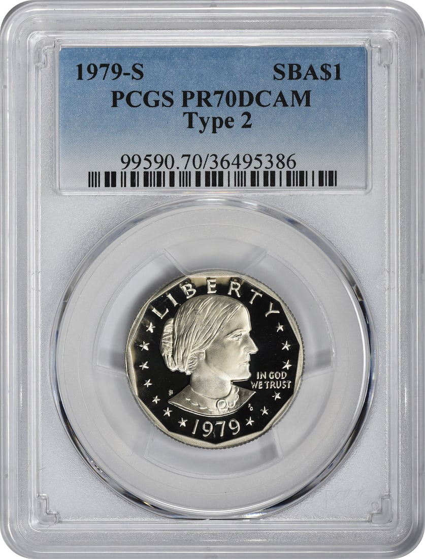 1979-S Type 2 Susan B Anthony Dollar SBA PR70DCAM: 1979-S Type 2 Susan B Anthony Dollar SBA PR70DCAM PCGS Proof 70 DC Clear 'S' Certification: PCGS Circulated/Uncirculated: Uncirculated Year: 1979 Strike Type: Proof Mint Location: San Francisco Km Num