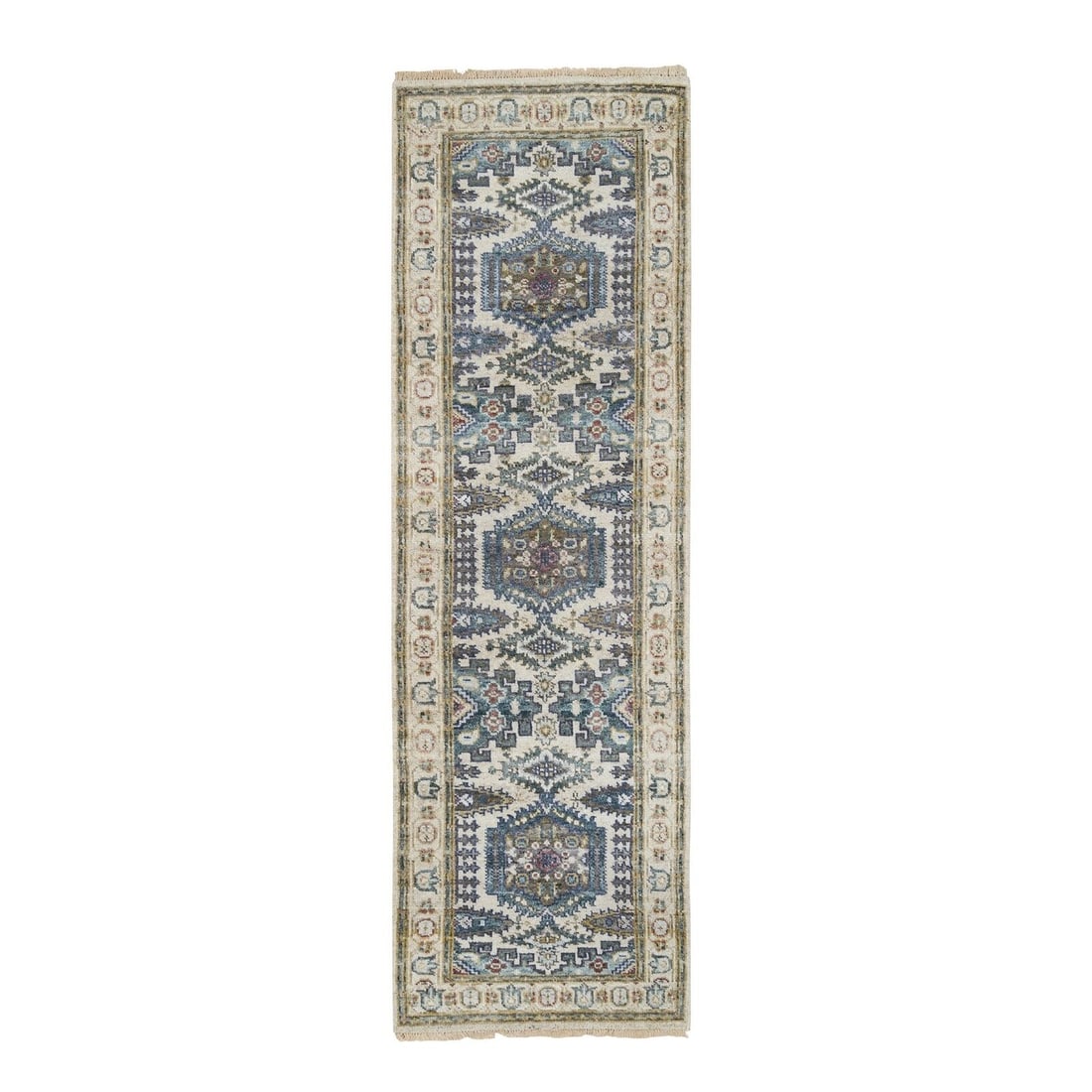 2'5"x8'1" Ivory Reimagined Viss Design Wool Hand: 2'5"x8'1" Ivory Reimagined Viss Design Wool Hand Knotted Runner Rug R65446 Style: Zoroastrian Type: Indoor Material: Wool Color: Ivory Item Length: 97 Item Width: 29 Rug Type: Hand Knotted Pile: Wool