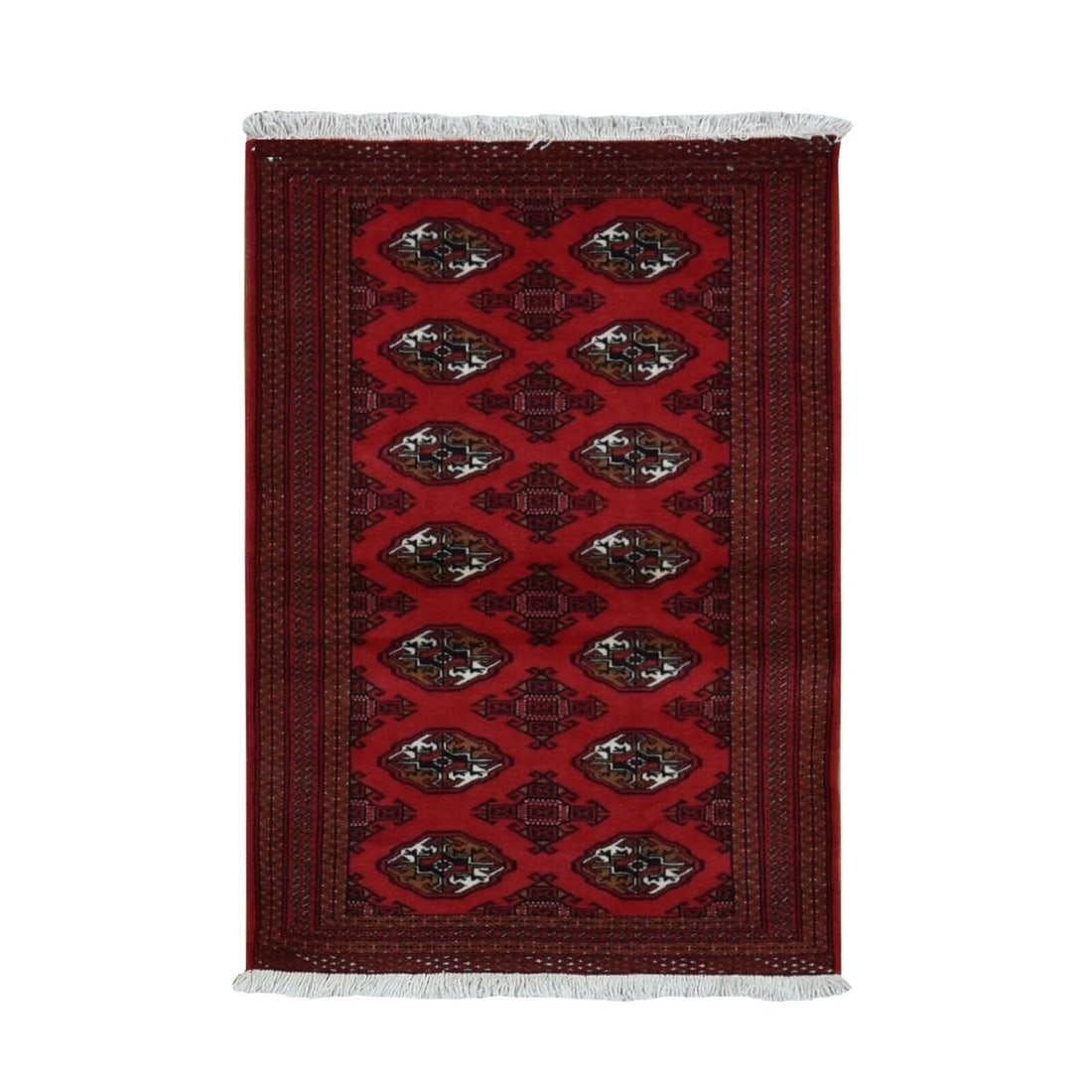 3'2"x4'8" Crimson Red New Turkoman Bokara Pure: Style: Zoroastrian Type: Indoor Material: Wool Color: Red Item Length: 56 Item Width: 38 Rug Type: Hand Knotted Pile: Wool Shape: Rectangular Field Color: Red Size: 3"2" x 4"8" / 97 CM X 142 CM Age: 2