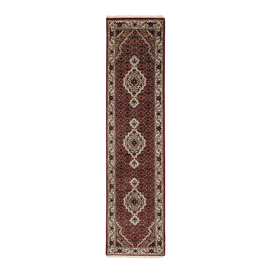 2'x8' Red Hand Knotted Fish Design Tebraz Mahi: Style: Oriental Type: Indoor Material: Wool Color: Red Item Length: 96 Item Width: 24 Rug Type: Hand Knotted Pile: Wool & Silk Shape: Runner Field Color: Red Size: 2"0" x 8"0" / 61 CM X 244 CM Age: 20