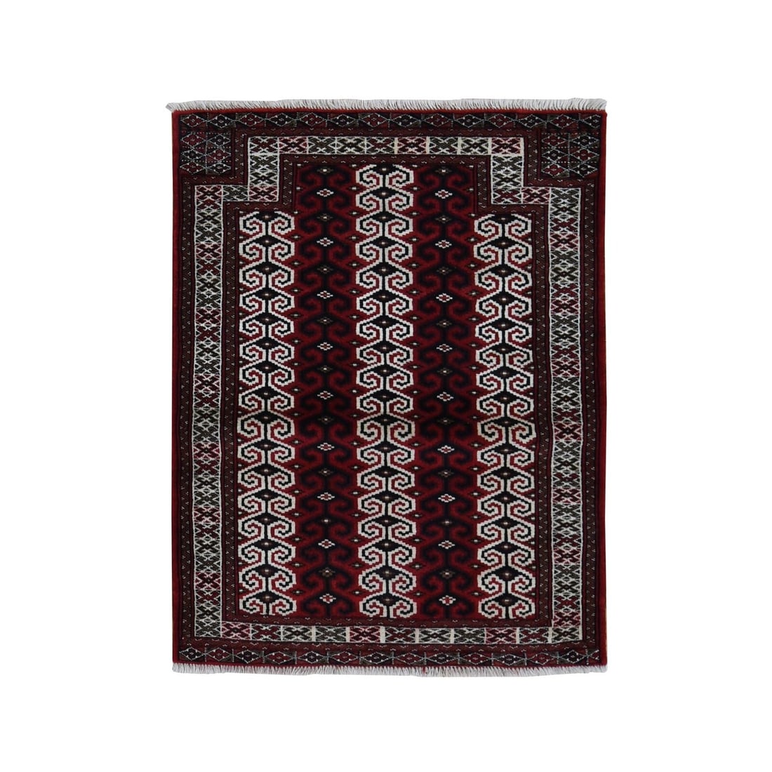 3'2"x4'1" Maroon Red Turkoman Design Pure Wool: Style: Turkoman Type: Indoor Material: Wool Color: Red Item Length: 49 Item Width: 38 Rug Type: Hand Knotted Pile: Wool Shape: Rectangular Field Color: Red Size: 3"2" x 4"1" / 97 CM X 124 CM Age: 2000