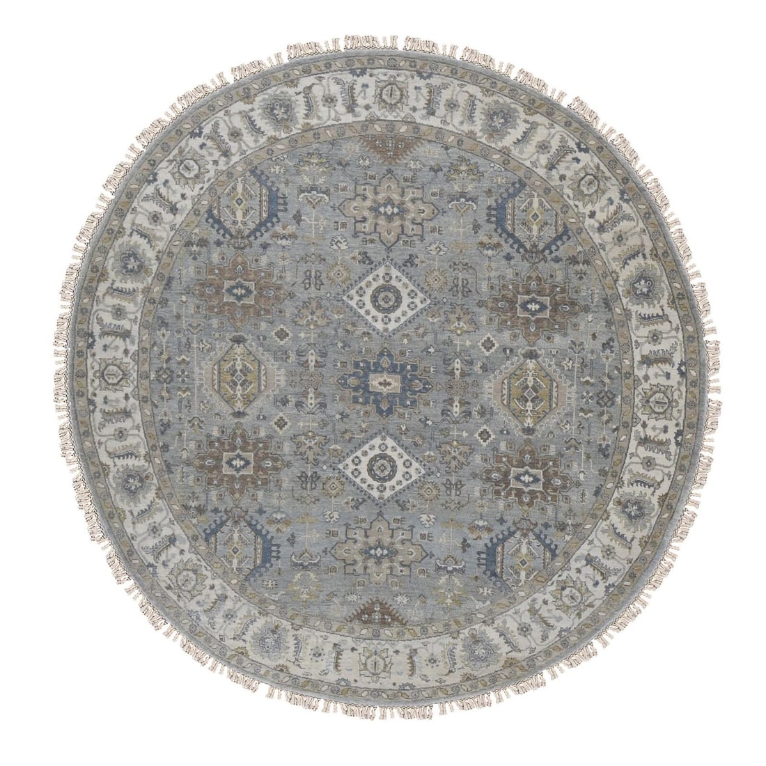 8'1"x8'1" Gray Karjihooz Design Pure Wool Hand: Style: Karjihooz Type: Indoor Material: Wool Color: Grey Item Length: 97 Item Width: 97 Rug Type: Hand Knotted Pile: Wool Shape: Round Field Color: Grey Size: 8"1" x 8"1" / 246 CM X 246 CM Age: 2000-N