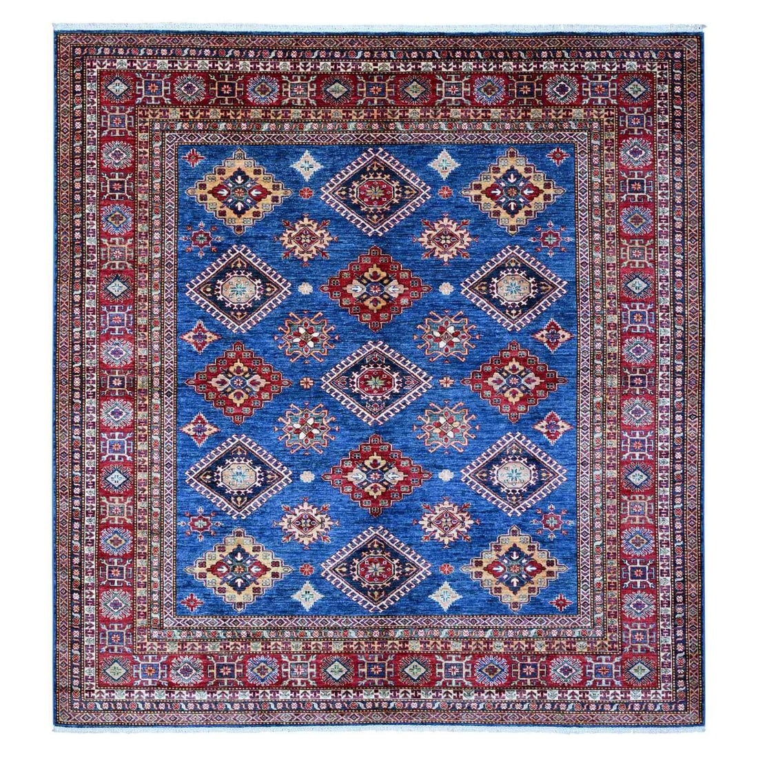 8'x8' Medium Blue Super Kazak Medallions Wool: Style: Oriental Type: Indoor Material: Wool Color: Blue Item Length: 102 Item Width: 97 Rug Type: Hand Knotted Pile: Wool Shape: Square Field Color: Blue Size: 8"1" x 8"6" / 246 CM X 259 CM Age: 2000-