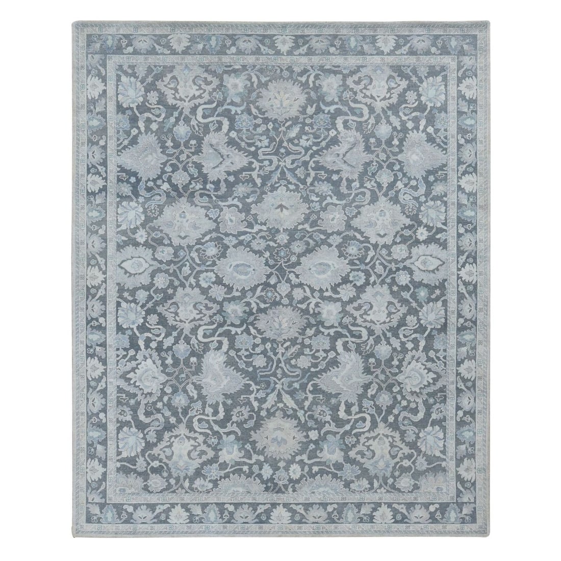 8'1"x10' Gray Hand Knotted Oushak Influence Pure: Style: Oushak Type: Indoor Material: Silk Color: Grey Item Length: 120 Item Width: 97 Rug Type: Hand Knotted Pile: Wool & Silk Shape: Rectangular Field Color: Grey Size: 8"1" x 10"0" / 246 CM X 305 CM