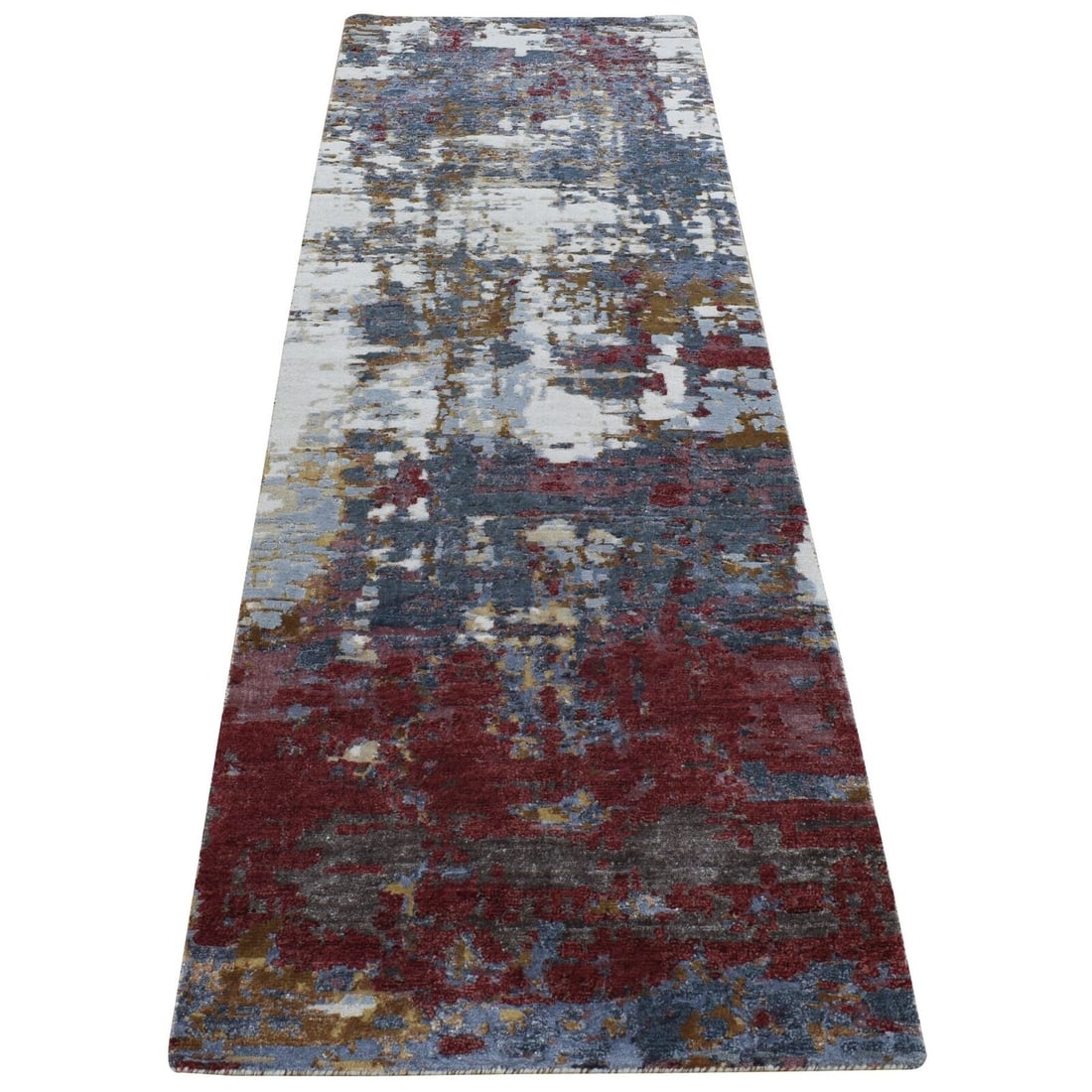 2'7"x8'1" Red Wool and Silk Abstract Design Hand: Style: Abstract Type: Indoor Material: Silk Color: Red Item Length: 97 Item Width: 31 Rug Type: Hand Knotted Pile: Wool & Silk Shape: Runner Field Color: Red Size: 2"7" x 8"1" / 79 CM X 246 CM Age: 20