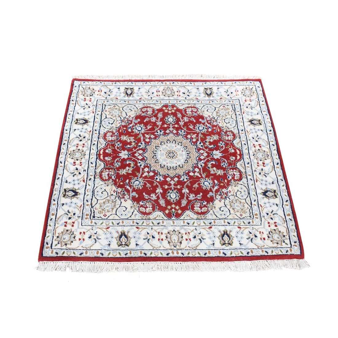 3'2"x3'2" Red Nain Flower Design 250 KPSI Wool: Type: Indoor Material: Wool Color: Red Item Length: 38 Item Width: 37 Style: Nain Rug Type: Hand Knotted Pile: Wool Shape: Square Field Color: Red Size: 3"1" x 3"2" / 94 CM X 97 CM Age: 2000-Now Patte