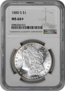 1880-S Morgan Silver Dollar MS66+ NGC: Certification: NGC Circulated/Uncirculated: Uncirculated Year: 1880 Composition: 90% Silver 10% Copper Mint Location: San Francisco Km Number: 110 Denomination: $1 Grade: MS66 Coin: Morgan Designer: