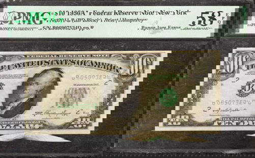 1950 A $10 FEDERAL RESERVE NOTE NEW YORK PAPER: Certification: PMG Grade: 58 Series Year: 1950A Year: 1950A Circulated/Uncirculated: Circulated Country: United States Category: Small Size $10 Federal Reserve Notes Serial No. : B06907524D