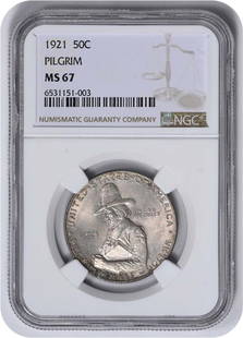 Pilgrim Commemorative Silver Half Dollar 1921: Certification: NGC Circulated/Uncirculated: Uncirculated Km Number: 147.2 Year: 1921 Grade: MS67 Composition: Silver Mint Location: No Mint Mark Denomination: Half Dollar Features: Commemorative 