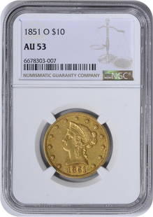 1851-O $10 Gold Liberty Head AU53 NGC: Certification: NGC Circulated/Uncirculated: Circulated Year: 1851 Mint Location: New Orleans Fineness: 0.9 Km Number: 66.2 Denomination: $10 Grade: AU Composition: 90% Gold 10% Copper Designer: