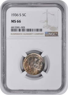 1936-S Buffalo Nickel MS66 NGC: Certification: NGC Circulated/Uncirculated: Uncirculated Year: 1936 Mint Location: S Km Number: 134 Denomination: 5C Grade: MS66 Composition: Nickel Coin: Buffalo At SEUYCO, we strive to provide