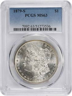 1879-S Morgan Silver Dollar MS63 PCGS Reverse: Certification: PCGS Circulated/Uncirculated: Uncirculated Year: 1879 Composition: 90% Silver 10% Copper Mint Location: San Francisco Km Number: 110 Denomination: $1 Grade: MS63 Coin: Morgan