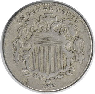 1872 Shield Nickel VF Uncertified #1026: Certification: Uncertified Circulated/Uncirculated: Circulated Year: 1872 Mint Location: Philadelphia Km Number: 97 Denomination: 5C Grade: VF Composition: 75% Copper 25% Nickel Coin: Shield
