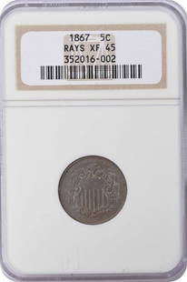 1867 Shield Nickel Rays EF45 NGC: Certification: NGC Circulated/Uncirculated: Uncirculated Year: 1867 Mint Location: Philadelphia Km Number: 96 Denomination: 5C Grade: XF Composition: 75% Copper 25% Nickel Coin: Shield Designer: