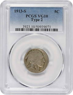 1913-S Buffalo Nickel Type 2 VG10 PCGS: Certification: PCGS Circulated/Uncirculated: Circulated Year: 1913 Mint Location: S Km Number: 134 Denomination: 5C Grade: VG Composition: Nickel Coin: Buffalo At SEUYCO, we strive to provide