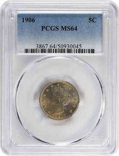 1906 Liberty Nickel MS64 PCGS: Certification: PCGS Circulated/Uncirculated: Uncirculated Km Number: 112 Year: 1906 Grade: MS64 Mint Location: No Mint Mark Composition: Nickel Denomination: 5C Coin: Liberty At SEUYCO, we strive