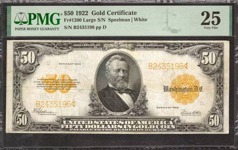 1922 $50 GOLD CERTIFICATE FR.1200 LARGE S/N