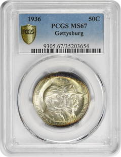 Gettysburg Commemorative Silver Half Dollar MS67: Certification: PCGS Circulated/Uncirculated: Uncirculated Year: 1936 Denomination: Half Dollar Mint Location: Philadelphia Km Number: 181 Grade: MS66 Composition: 90% Silver 10% Copper Features: