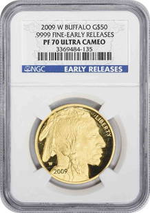 2009-W $50 American Gold Buffalo PF70UCAM Early: Certification: NGC Coin: American Buffalo Year: 2009 Strike Type: Proof Grade: PR70 Fineness: 0.9999 Composition: 99.99% Gold Designer: James Earle Fraser Diameter: 32.70 millimeters Edge: Reeded