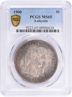 1900 Lafayette Commemorative Silver Dollar MS65: Certification: PCGS Circulated/Uncirculated: Uncirculated Year: 1900 Denomination: Dollar Mint Location: Philadelphia Km Number: 118 Grade: MS65 Composition: 90% Silver 10% Copper Features: