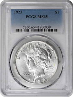 1923 Peace Silver Dollar MS65 PCGS: Certification: PCGS Circulated/Uncirculated: Uncirculated Year: 1923 Mint Location: Philadelphia Km Number: 150 Denomination: $1 Composition: 90% Silver 10% Copper Grade: MS65 Coin: Peace Designer: