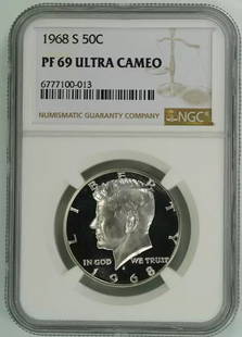 1968 S PROOF KENNEDY HALF DOLLAR 50C NGC: Certification: NGC Composition: Silver Grade: PF 69 Year: 1968 Circulated/Uncirculated: Uncirculated Strike Type: Proof Mint Location: SAN FRANCISCO Km Number: Unknown Certification Number: