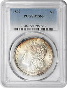 1897 Morgan Silver Dollar MS65 PCGS: Certification: PCGS Circulated/Uncirculated: Uncirculated Year: 1897 Composition: 90% Silver 10% Copper Mint Location: Philadelphia Km Number: 110 Denomination: $1 Grade: MS65 Coin: Morgan Designer: